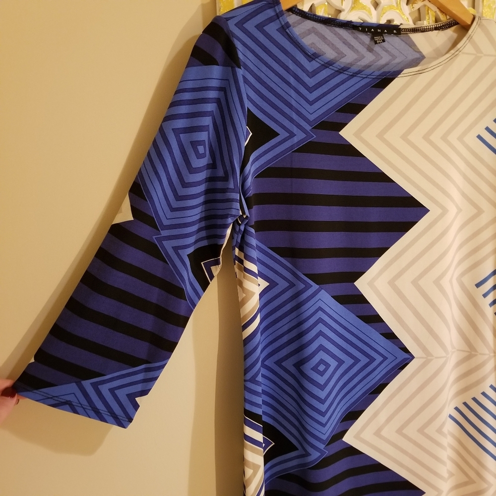 Tiana B. Shift Dress Geometric Stripe Design Blue Cream Nude - Picture 2 of 12